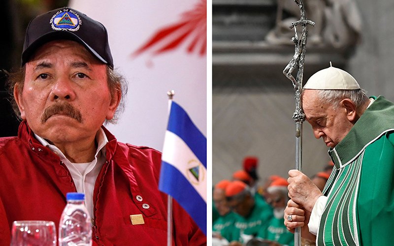 El presidente nicaragüense Daniel Ortega y el Papa Francisco aparecen en una foto combinada.